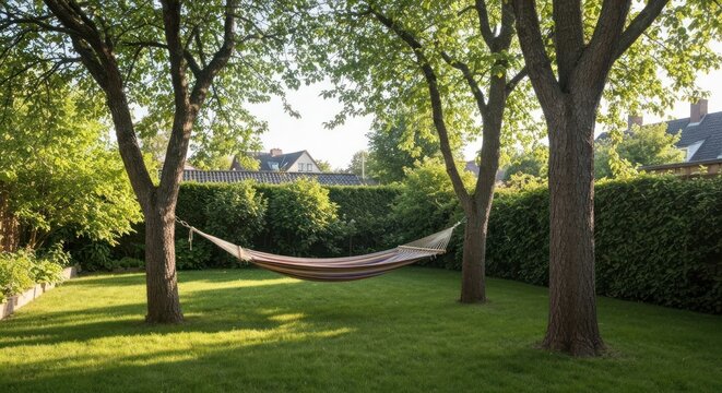 A backyard scene with a hammock suspended between trees on green grass