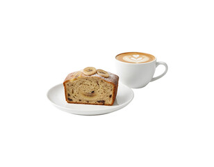 A studio shot of cappuccino and banana bread on a white plate, set against a white background with a shallow depth of field.

