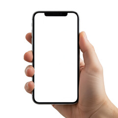 Hand holding a modern smartphone with a blank screen against a white background isolated on transparent background