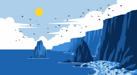 Scenic coastal vector illustration depicting a serene ocean with rocky cliffs, flying birds, and a bright sun © PDWN Creative