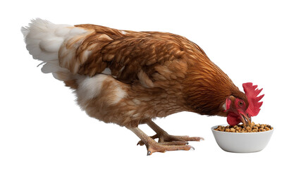 Hen in Feast: A detailed capture of a hen is at a feeding bowl, in a dynamic posture of consuming feed, showing a scene of daily life on the farm.
