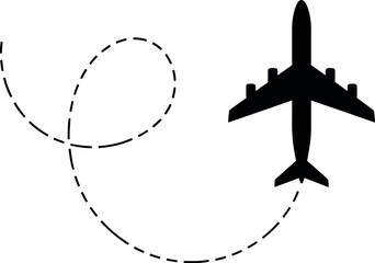 A black silhouette of an airplane flying in a circular path on a white background