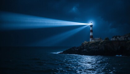 Dramatic lighthouse beam cutting through dark ocean waters at night © lolipop