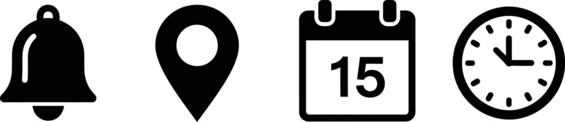 A notification icon set featuring a bell, location pin, calendar, and clock on a clean white background.