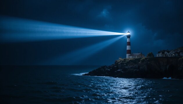 Dramatic lighthouse beam cutting through dark ocean waters at night
