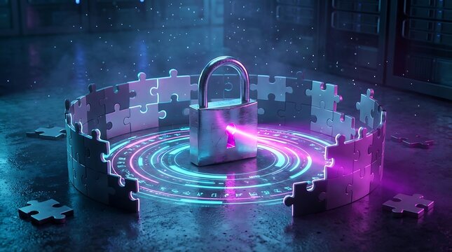 Digital Security Concept with Padlock and Puzzle Pieces.