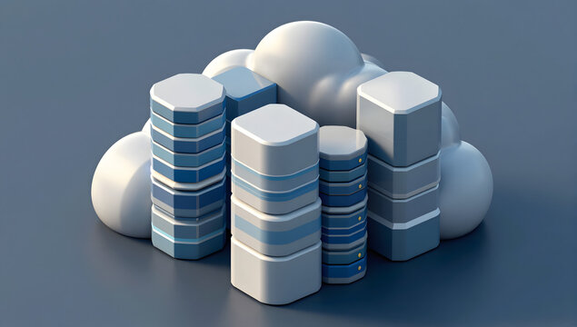 Cloud Computing Concept: A stylized 3D rendering presents a vibrant illustration of cloud computing, showcasing data storage, connectivity and digital communication.
