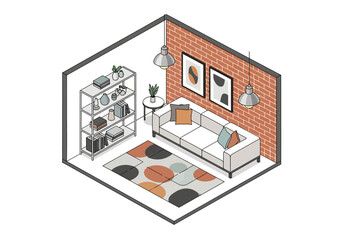 Obraz premium Isometric illustration of a modern living room with furniture, decor, and brick wall, viewed from above in a 3D perspective.