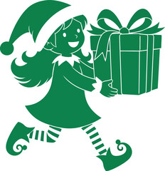 A cheerful cartoon elf girl in a green outfit holding a large gift box with a bow on a white background.