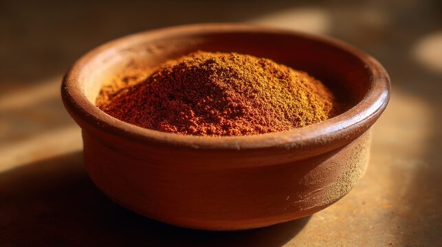 berbere. Unglazed terracotta bowl filled with richly colored berbere spice powder in soft natural light. menu design, packaging mockups, designed for food delivery and cloud-kitchen brand materials.