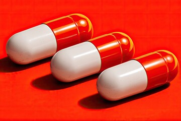 Three pharmaceutical capsules, orange and white, arranged on a vibrant red surface