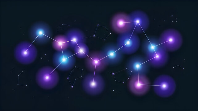 Stylized constellation map with glowing stars and connecting lines in vibrant purple and blue hues