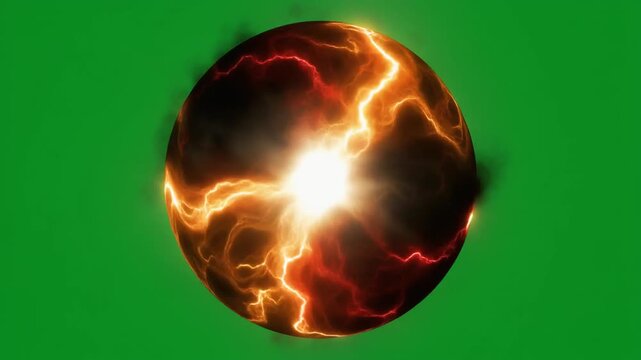 A glowing orb with fiery energy crackles and surges across its surface green screen.