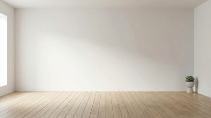 An empty room with a minimalist design, with wooden flooring and a simple plant. The room is bathed in natural light, giving a serene and spacious feel