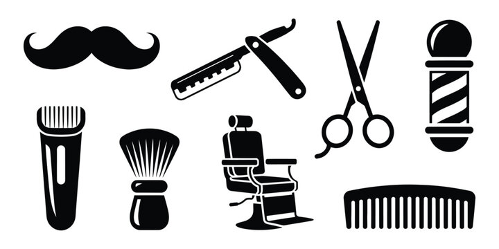 Barbershop kit vector, barber tools icon set with scissors, razor, comb, brush and clippers, men grooming and haircut equipment symbols, clean modern flat vector illustration.