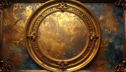 Opulent oval frame against textured gold & blue background. Antique, decorative and visually rich