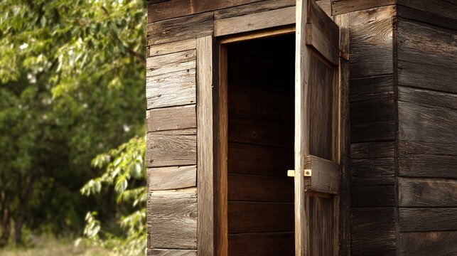 latrine. A simple wooden latrine structure in a military camp corner. gardening catalogs, home-decor guides, designed for home decor and floral branding, celebrates nature.