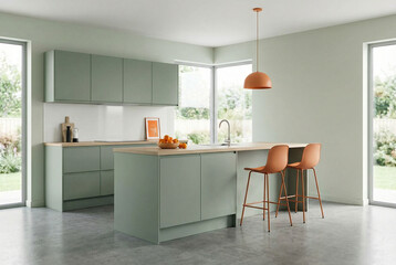 A modern, spacious kitchen interior with a central island and contemporary design elements