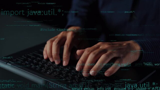 A programmer is focused on coding, typing on a laptop in a dimly lit environment, with streams of programming syntax overlaying the scene, showcasing tech innovation. Xenic