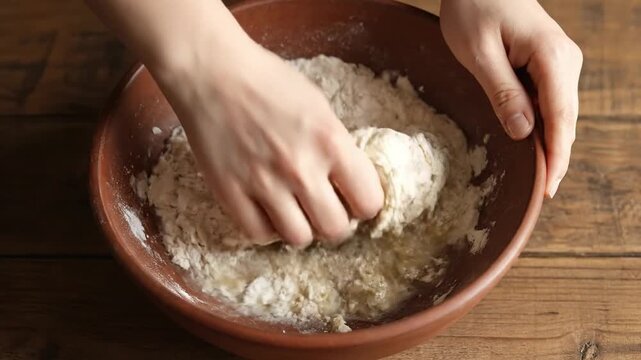 Close-up view of a person's hands diligently kneading and mixing fresh dough in a rustic ceramic bowl, preparing ingredients for homemade bread or pastries in a warm kitchen setting