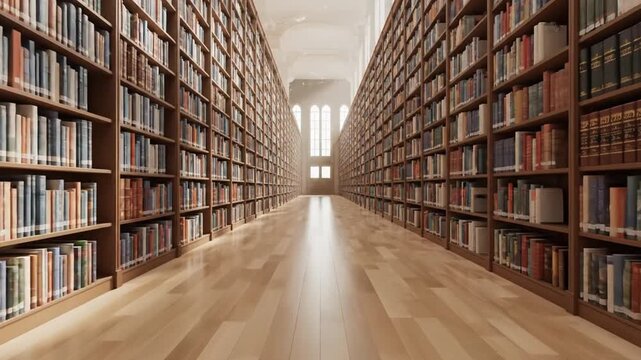 Long aisle inside a historic library with tall wooden bookshelves filled with leather bound books and a parquet floor leading to a bright window