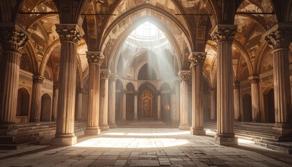 Ornate, arched hall with sunlight pouring from the dome, casting light and shadows on the weathered stone columns
