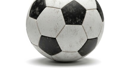 Obraz premium Detailed close-up of a well-used, scuffed classic black and white soccer ball isolated on white background, showing signs of wear and tear from play.