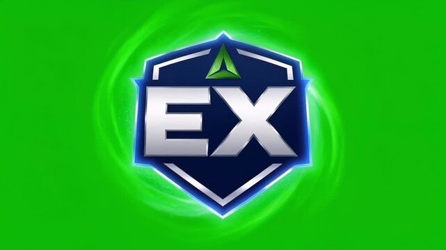 Bold blue shield emblem featuring EX letters on a vibrant neon green background logo design.