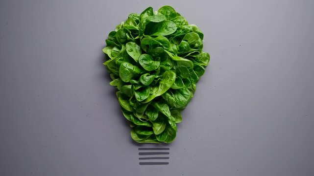 A lightbulb illustration made of green leaves atop a gray surface, symbolizing a green idea