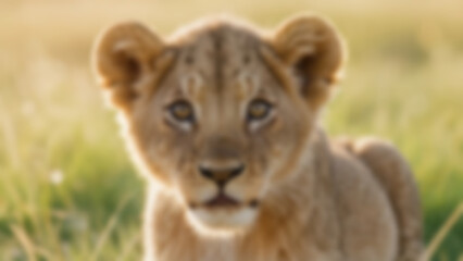 Obraz premium Blurred background of Close-up portrait of a lion cub, ultra-soft fur texture with visible whiskers and bright reflective eyes, blurred grassland bokeh background, early morning, soft natural.