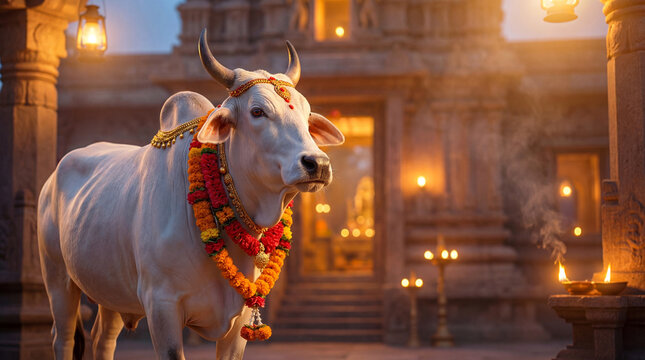 Nandi bull with flower garlands in a glowing temple, bathed in golden light, embodying spiritual energy and divine presence for Hindu festival, Vijaya Ekadashi, and cultural tradition awareness