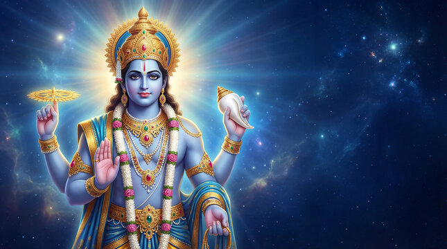 Lord Vishnu sacred portrait with radiant aura, holding golden chakra and white conch, for Vijaya Ekadashi hindu festival, symbolizing divine energy, victory, spiritual strength, and cultural heritage