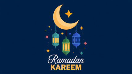 Fototapeta premium Festive Ramadan Kareem greeting with golden crescent moon star and traditional Islamic lanterns in a serene night sky