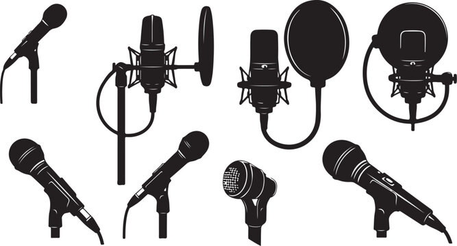 Collection of various microphones and pop filters on display