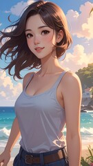 Animated woman smiling on a beach.  Bright sky, blue water, and tropical foliage in the background
