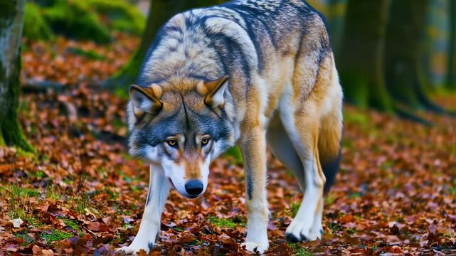 A wolf with mottled fur treads through fallen leaves in a forest, focused on ground