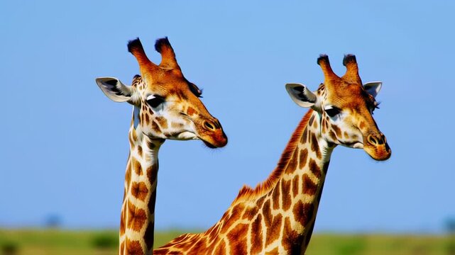Two giraffes, patterned coats and long necks, under a clear blue sky, standing together in a field
