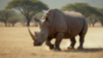 Fototapeta premium Blurred background of Massive rhinoceros walking across dry grassland, hyper-detailed thick skin folds and rugged horn texture with dust particles in air, open safari plains with subtle heat haze.