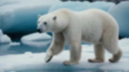 Fototapeta premium Blurred background of Polar bear walking across artificial icy habitat, hyper-detailed white fur reflecting cool blue tones and visible breath vapor, snowy rocks and frozen water pool in background.