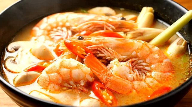 Delicious Tom Yum Goong Soup with Large Shrimp and Mushrooms.