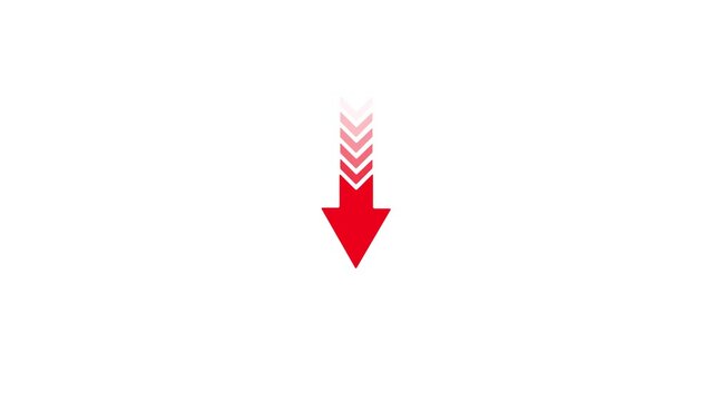 Red color down arrow icon animation on white background.Glowing of sweep arrow icon. Downward and transparent with pointing arrow icon business graph on white background
