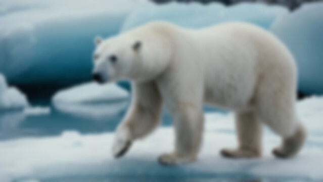 Blurred background of Polar bear walking across artificial icy habitat, hyper-detailed white fur reflecting cool blue tones and visible breath vapor, snowy rocks and frozen water pool in background.