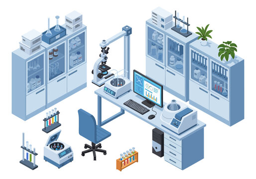 Modern laboratory setting with various scientific equipment and computer workstation in a clean, organized environment viewed from an isometric perspective