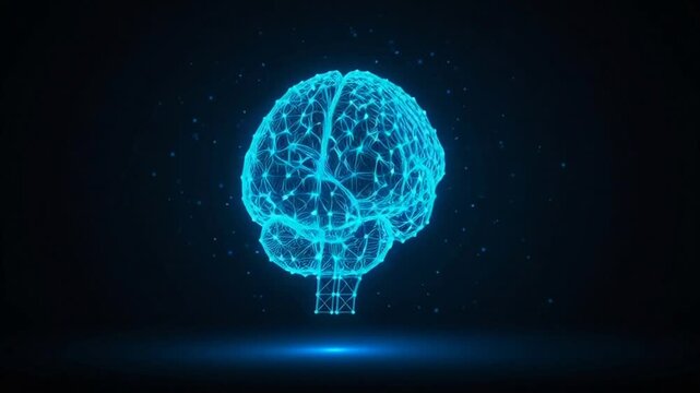 Glowing blue digital brain illustration.