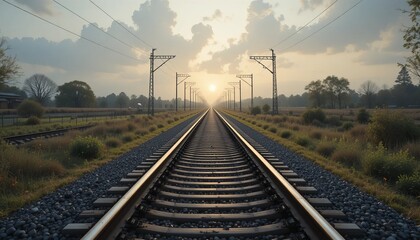 Obraz premium Empty railway tracks stretching into sunset with power lines