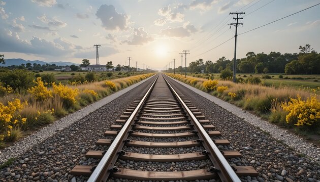 Serene railroad tracks stretch into sunset surrounded by vibrant wildflowers
