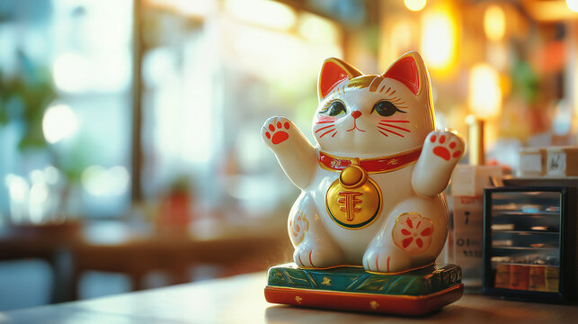 Maneki neko lucky cat figurine in cozy interior