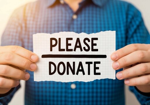 Man in Plaid Shirt Holding "Please Donate" Sign - Charity and Fundraising Concept