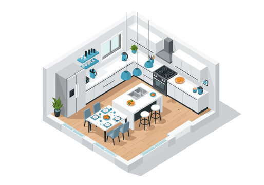 Modern kitchen and dining area 3D illustration showcasing furniture and appliances from an isometric viewpoint