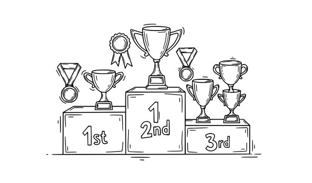 Doodle trophy podium vector set hand-drawn winner cups medals 1st 2nd 3rd place